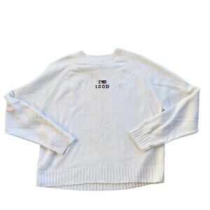 Vtg 1990s White Knit Sweater Embroidered Logo Crewneck Preppy Classic XL